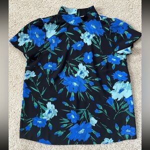 J.Crew Size XS Kimono Style Black Blue Floral  Blouse Work Office Career